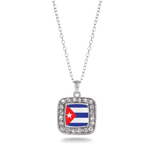 Silver Cuba Flag Square Charm Classic Necklace
