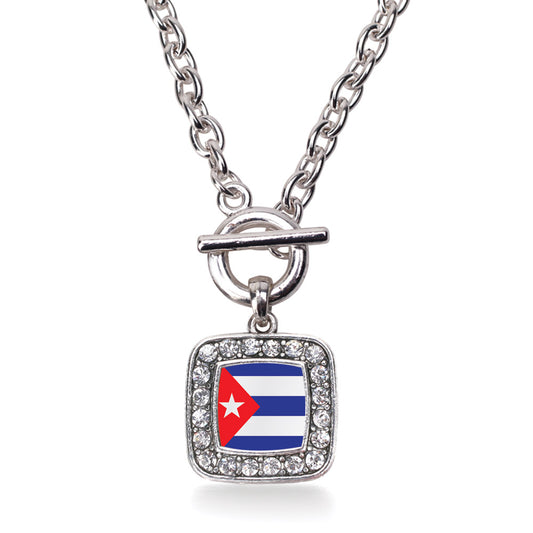 Silver Cuba Flag Square Charm Toggle Necklace