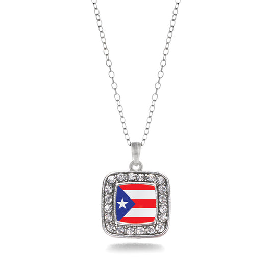 Silver Puerto Rico Flag Square Charm Classic Necklace