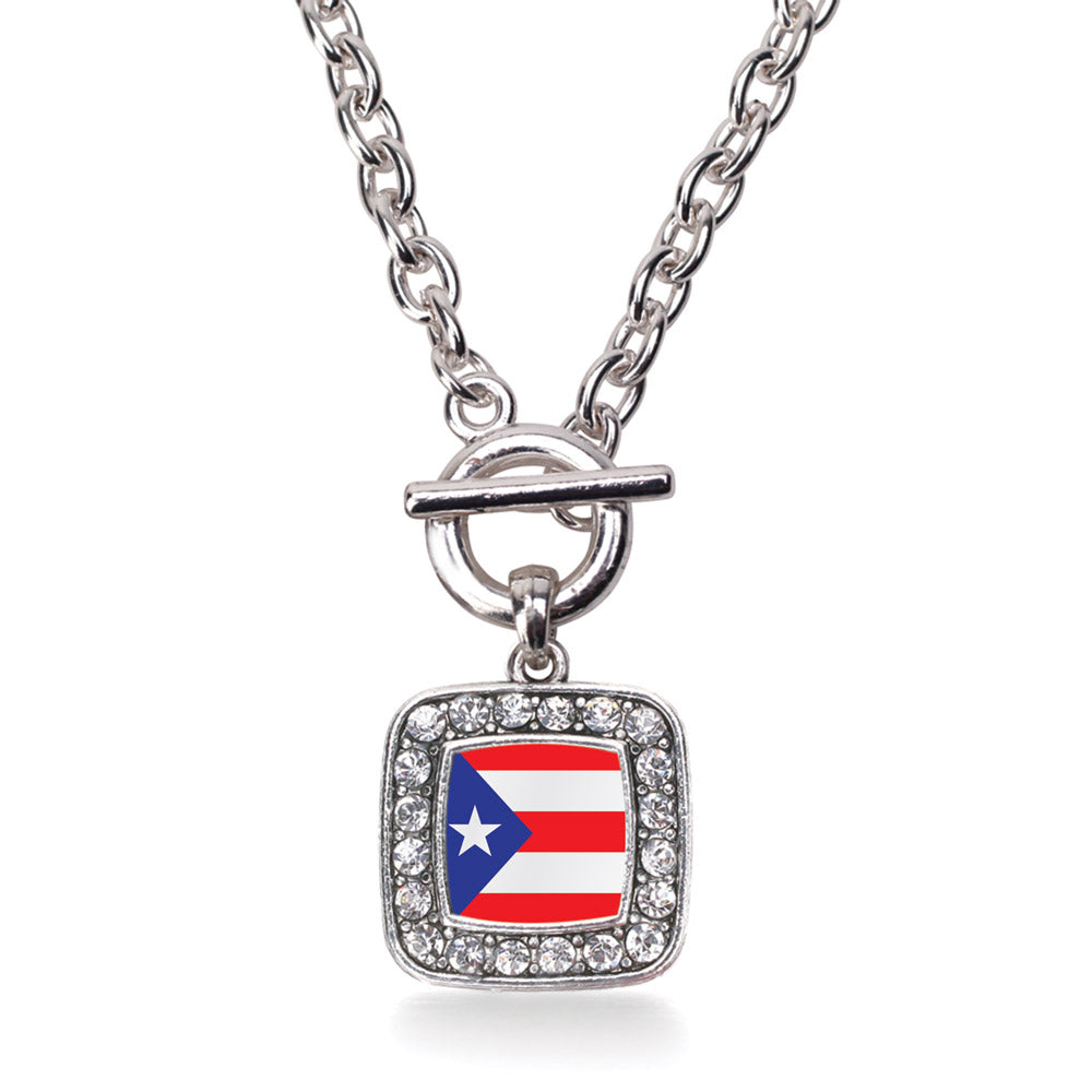 Silver Puerto Rico Flag Square Charm Toggle Necklace