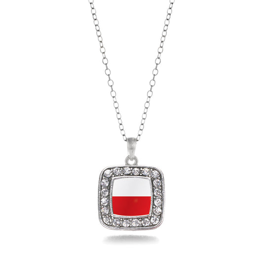Silver Poland Flag Square Charm Classic Necklace
