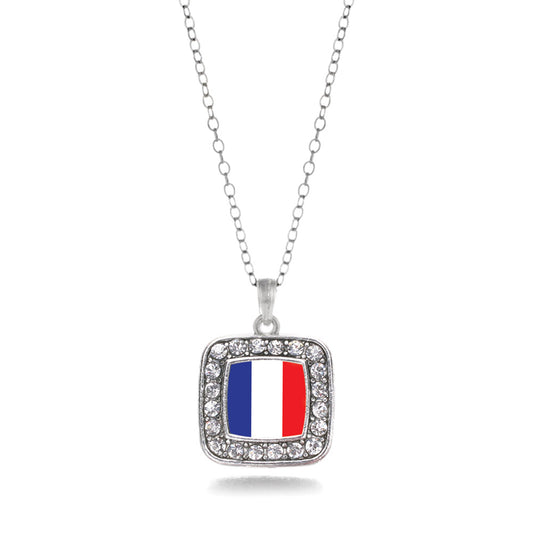 Silver France Flag Square Charm Classic Necklace