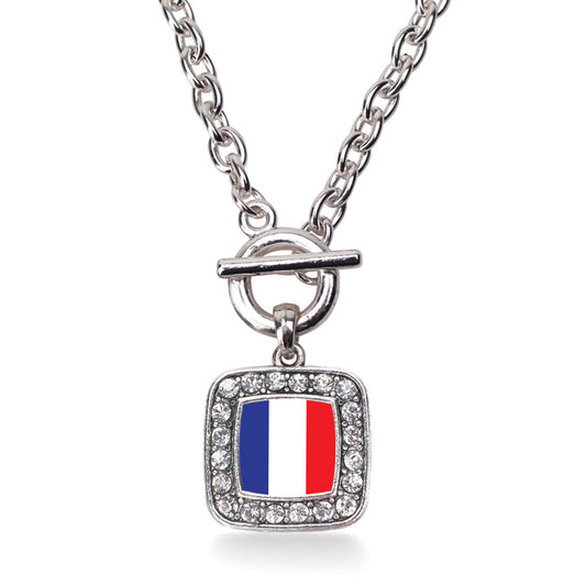 Silver France Flag Square Charm Toggle Necklace