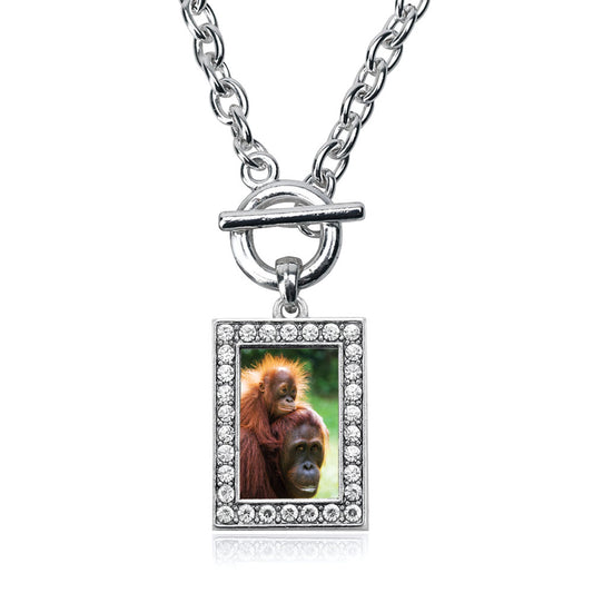 Silver Momma and Baby Orangutans Rectangle Charm Toggle Necklace