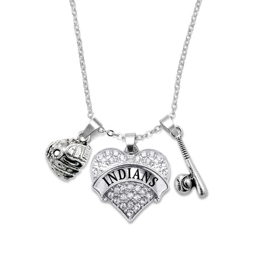 Silver Indians Baseball Bat and Glove Pave Heart Charm Classic Necklace
