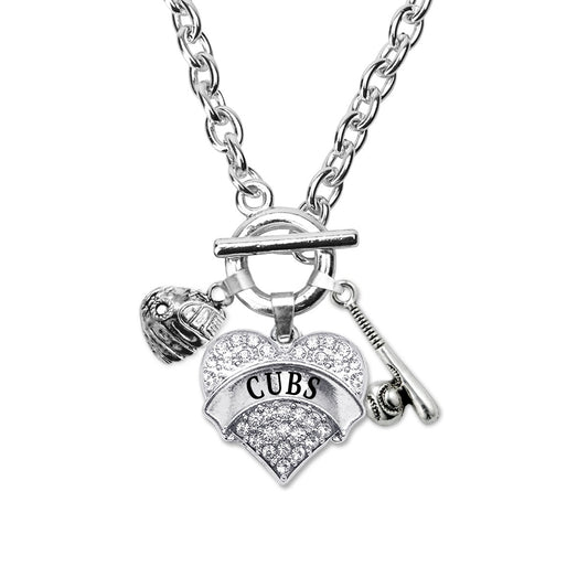 Silver Cubs Baseball Bat and Glove Pave Heart Charm Toggle Necklace
