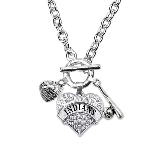 Silver Indians Baseball Bat and Glove Pave Heart Charm Toggle Necklace