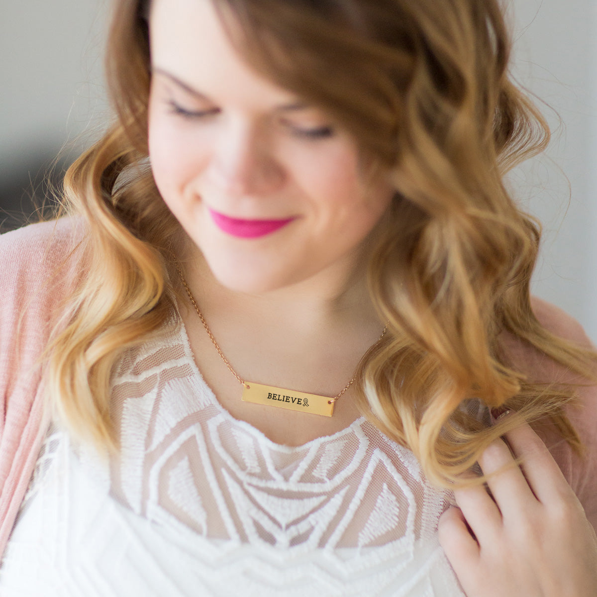Gold Believe Ribbon Bar Necklace
