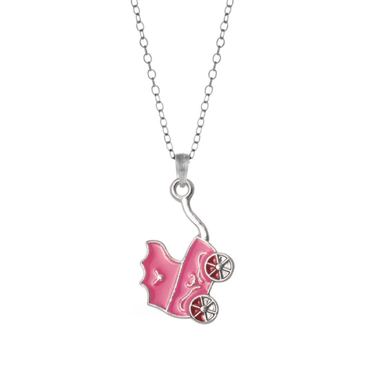 Silver Pink Stroller Charm Classic Necklace