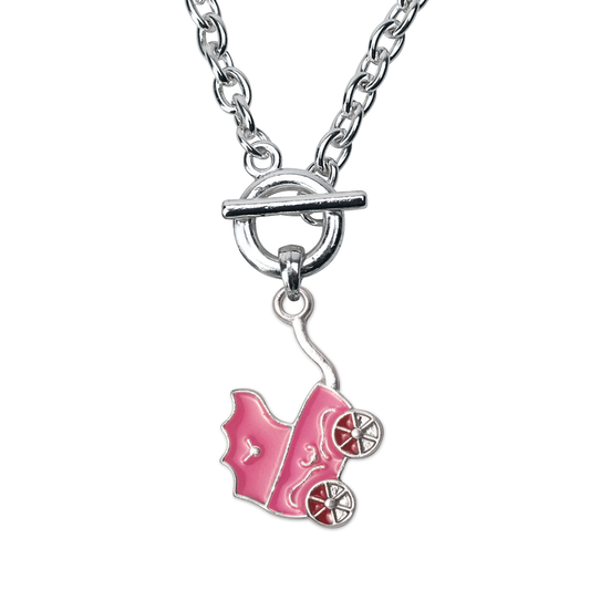 Silver Pink Stroller Charm Toggle Necklace