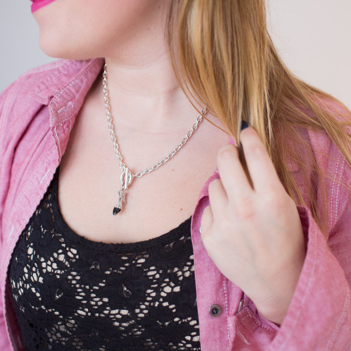 Silver Black Heel Shoe Charm Toggle Necklace