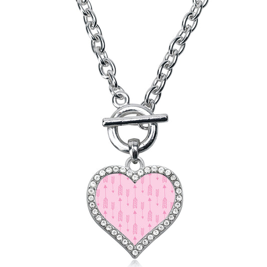 Silver Arrow Pattern Pink Open Heart Charm Toggle Necklace