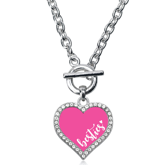 Silver Besties - Pink Open Heart Charm Toggle Necklace