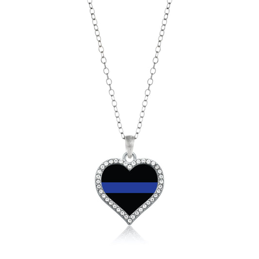 Silver Thin Blue Line - Police Support Open Heart Charm Classic Necklace