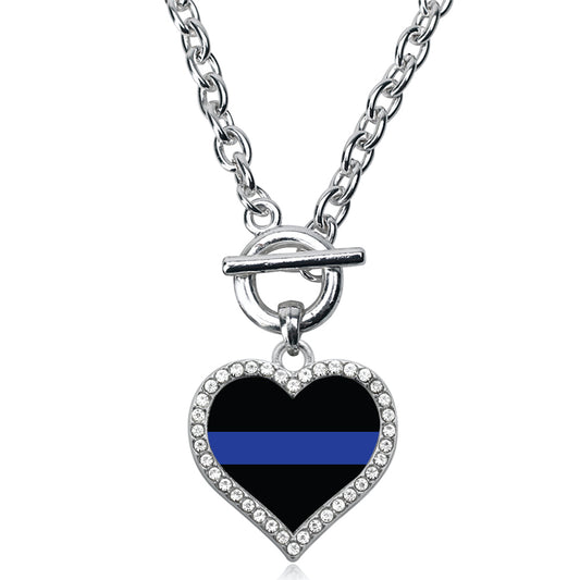 Silver Thin Blue Line - Police Support Open Heart Charm Toggle Necklace