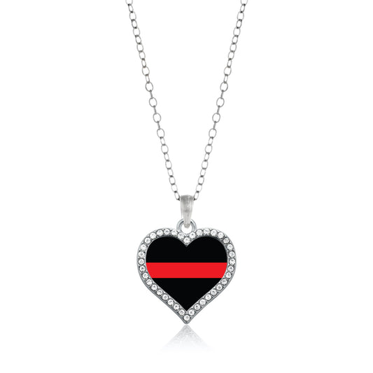 Silver Thin Red Line - Firefighter Support Open Heart Charm Classic Necklace