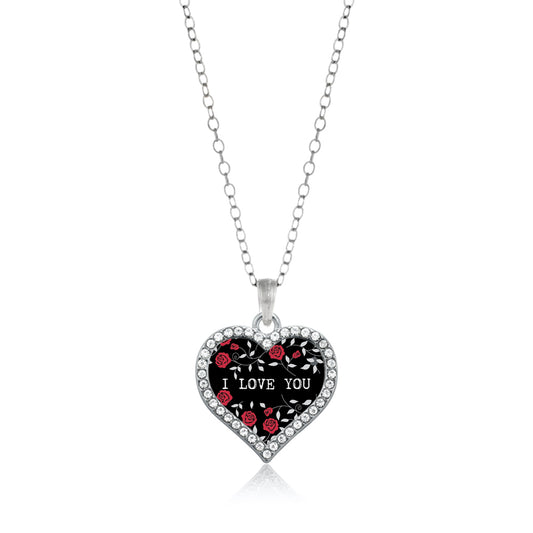 Silver Rose Pattern - I LOVE YOU Open Heart Charm Classic Necklace
