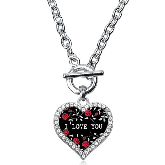 Silver Rose Pattern - I LOVE YOU Open Heart Charm Toggle Necklace