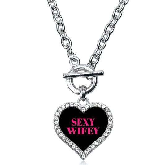 Silver SEXY WIFEY Open Heart Charm Toggle Necklace