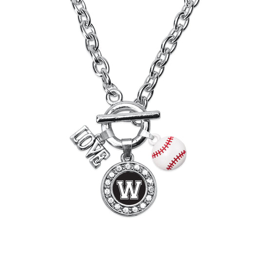 Silver Baseball - Sports Initial W Circle Charm Toggle Necklace