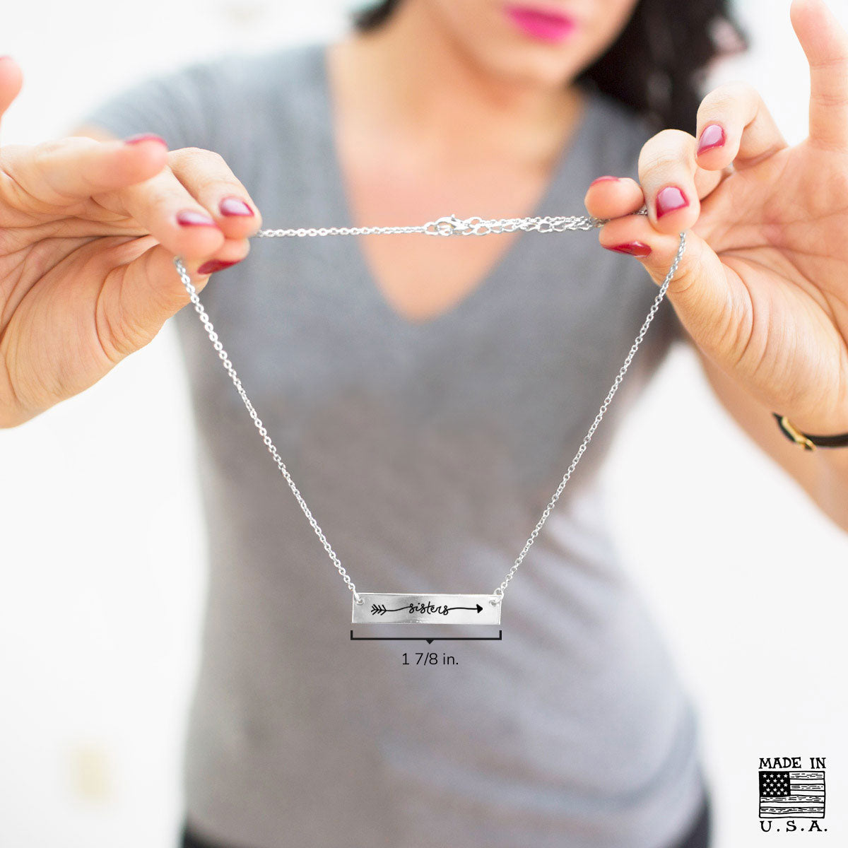 Silver Sisters - Arrow Text Bar Necklace