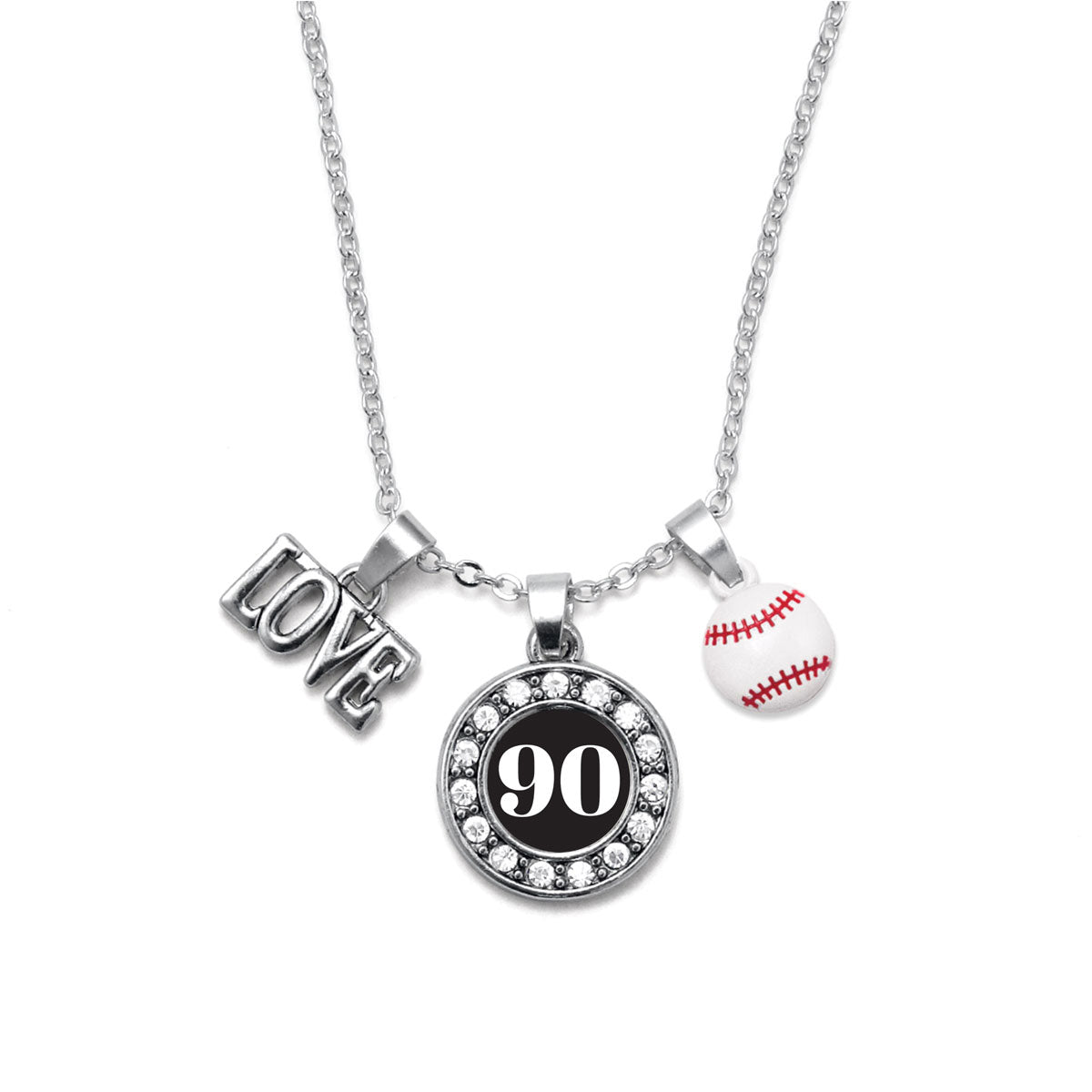Silver Baseball - Sports Number 90 Circle Charm Classic Necklace