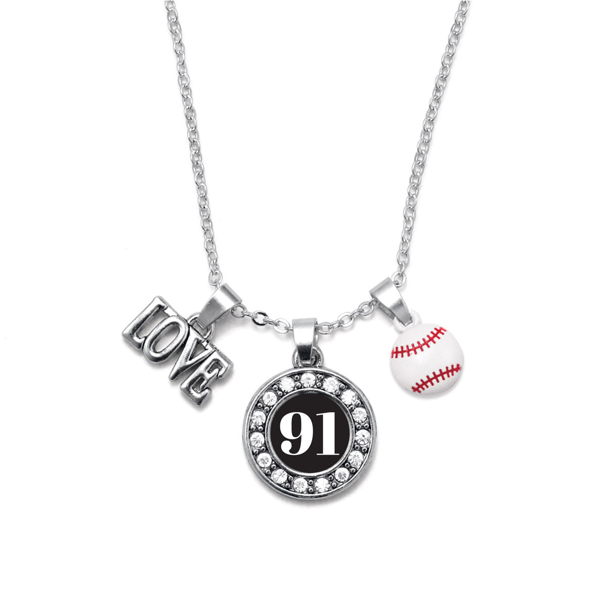 Silver Baseball - Sports Number 91 Circle Charm Classic Necklace