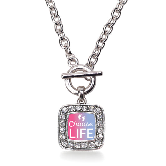 Silver Choose Life Square Charm Toggle Necklace