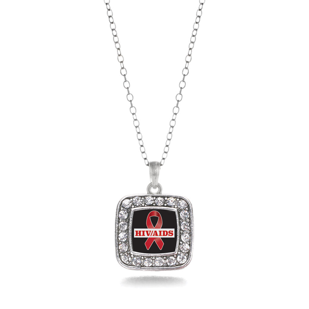 Silver HIV/AIDS Awareness Ribbon Square Charm Classic Necklace