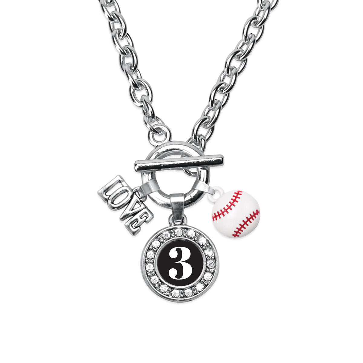 Silver Baseball - Sports Number 3 Circle Charm Toggle Necklace