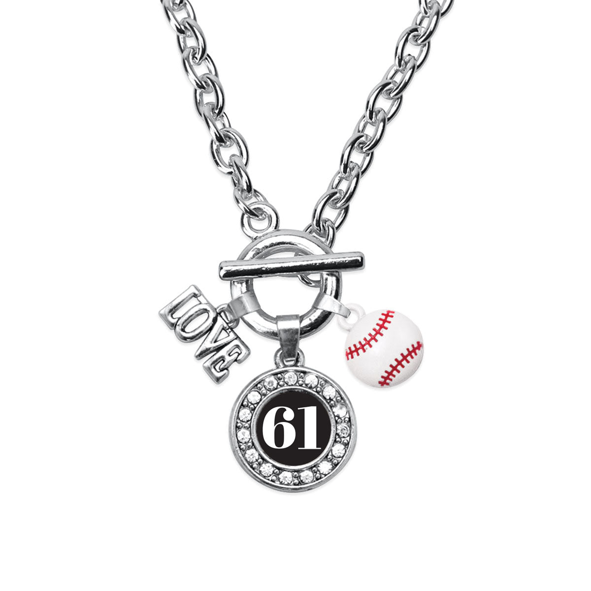 Silver Baseball - Sports Number 61 Circle Charm Toggle Necklace