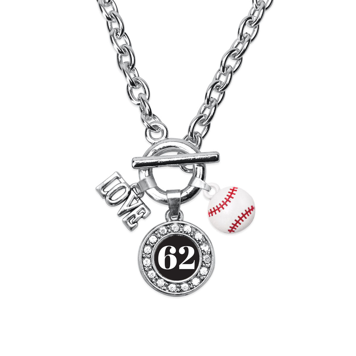 Silver Baseball - Sports Number 62 Circle Charm Toggle Necklace