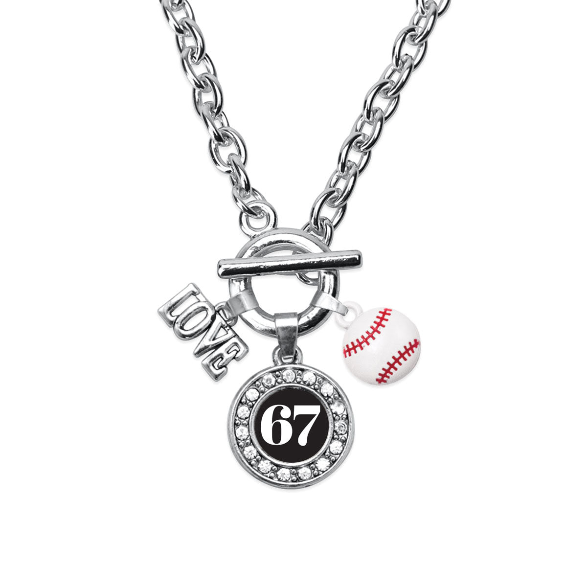 Silver Baseball - Sports Number 67 Circle Charm Toggle Necklace