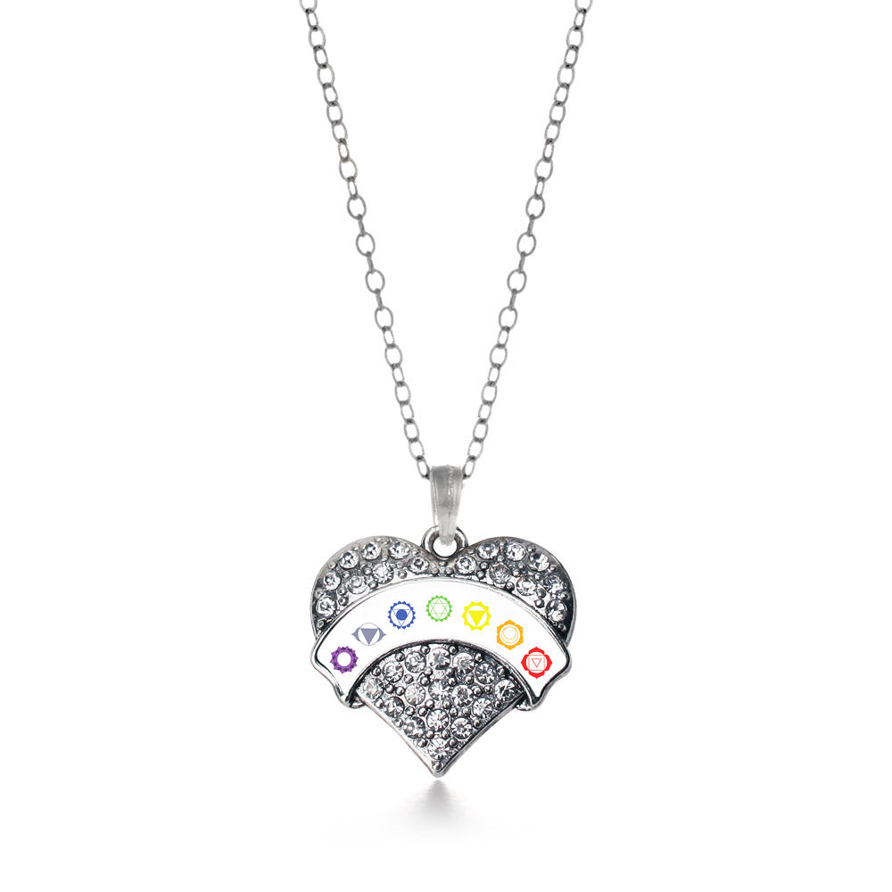 Silver Chakra Symbols - White Banner Pave Heart Charm Classic Necklace