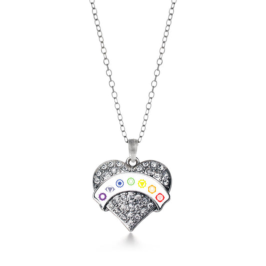 Silver Chakra Symbols - White Banner Pave Heart Charm Classic Necklace