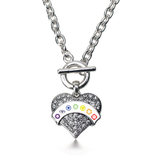 Silver Chakra Symbols - White Banner Pave Heart Charm Toggle Necklace