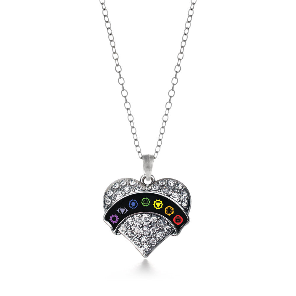 Silver Chakra Symbols - Black Banner Pave Heart Charm Classic Necklace