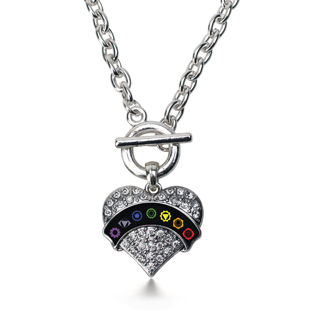 Silver Chakra Symbols - Black Banner Pave Heart Charm Toggle Necklace