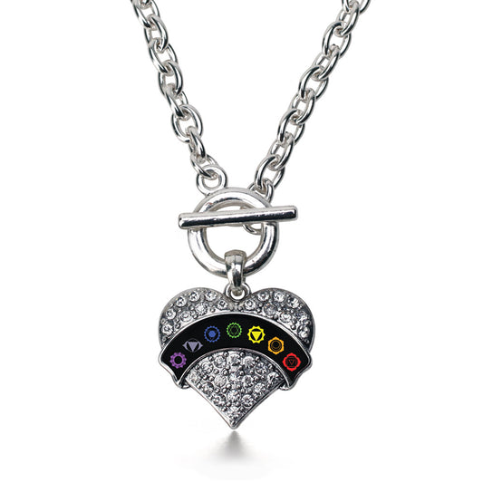 Silver Chakra Symbols - Black Banner Pave Heart Charm Toggle Necklace