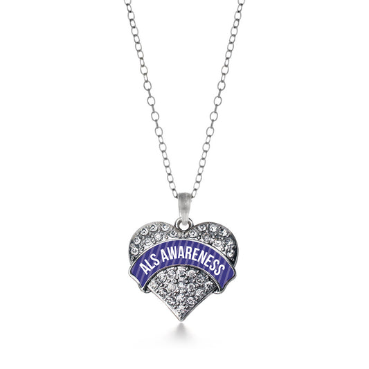 Silver ALS Awareness Pave Heart Charm Classic Necklace