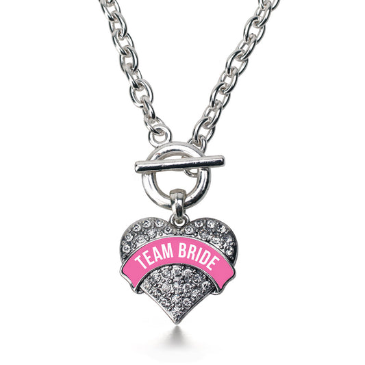 Silver Team Bride Pave Heart Charm Toggle Necklace