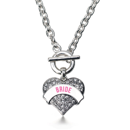 Silver White Banner Bride Pave Heart Charm Toggle Necklace