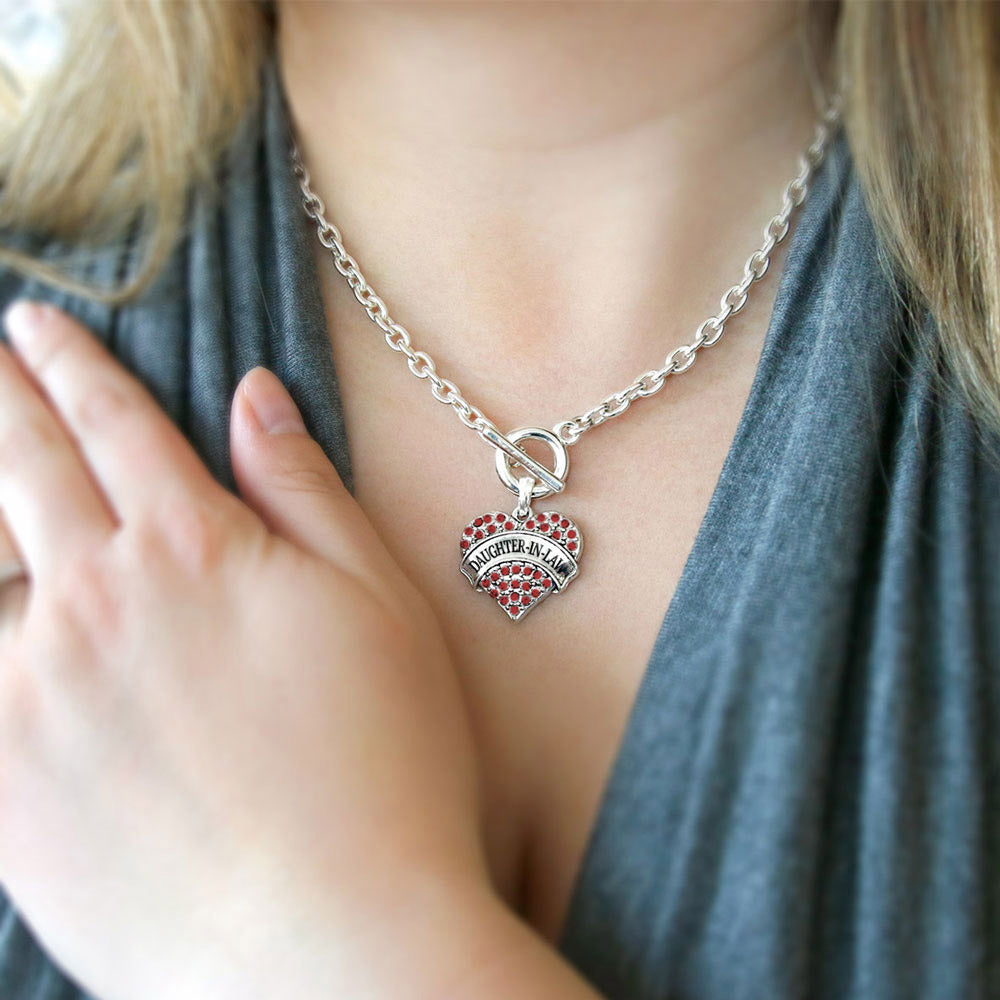 Silver Daughter-In-Law Red Pave Heart Charm Toggle Necklace