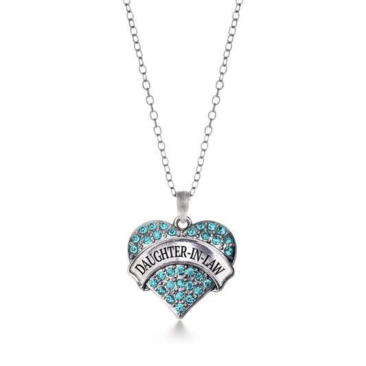 Silver Daughter-In-Law Aqua Pave Heart Charm Classic Necklace