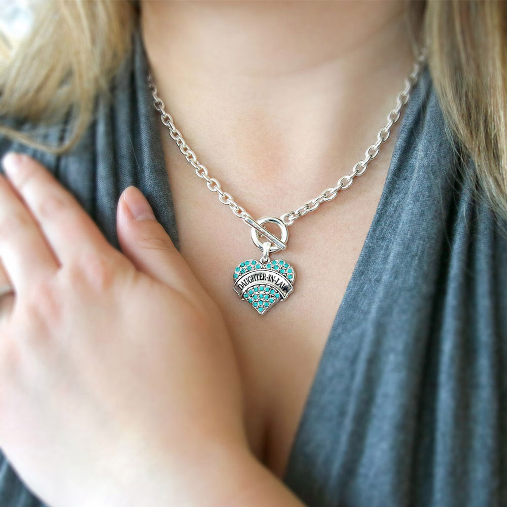 Silver Daughter-In-Law Aqua Pave Heart Charm Toggle Necklace
