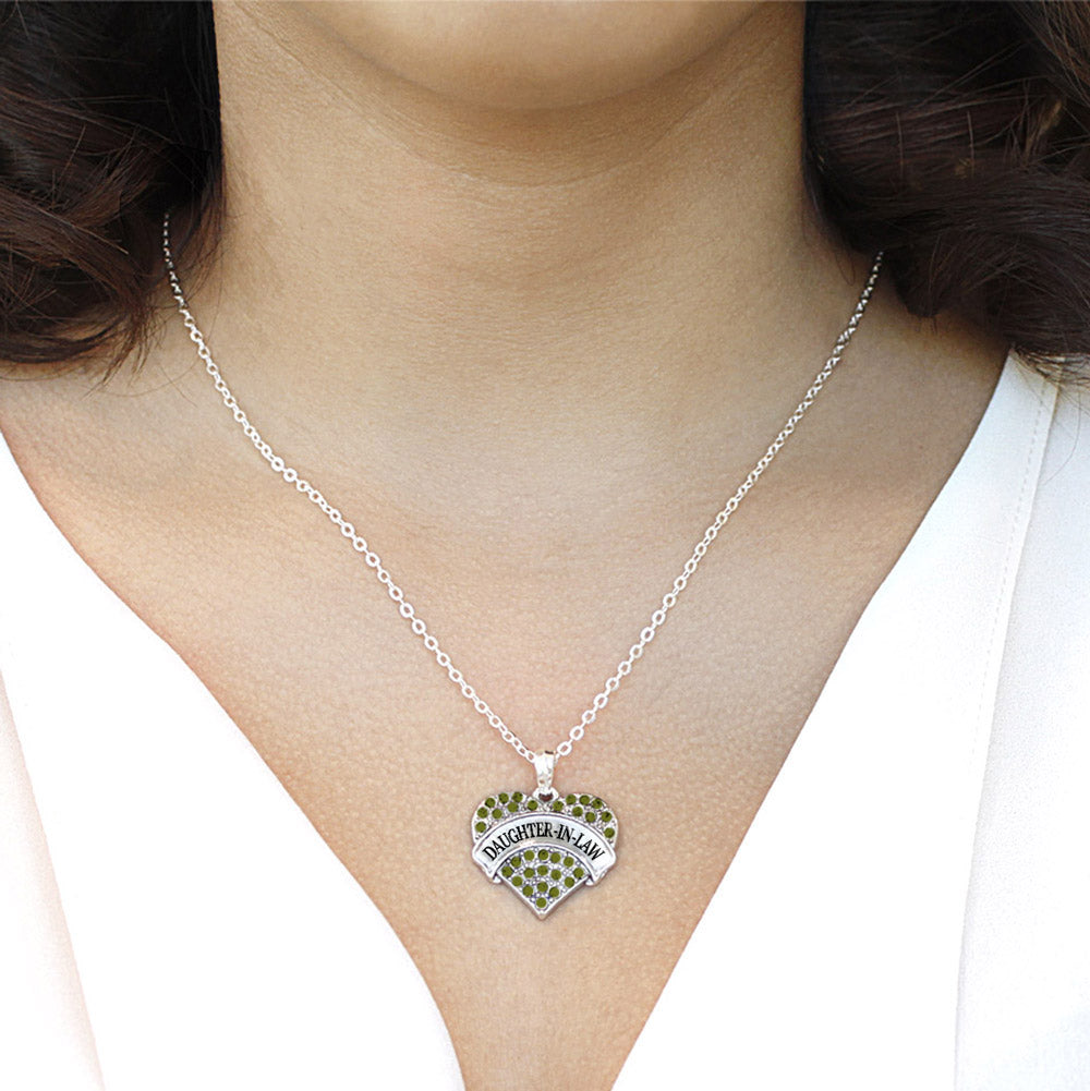 Silver Daughter-In-Law Green Pave Heart Charm Classic Necklace