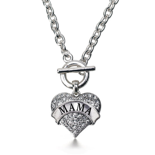 Silver Mama Pave Heart Charm Toggle Necklace