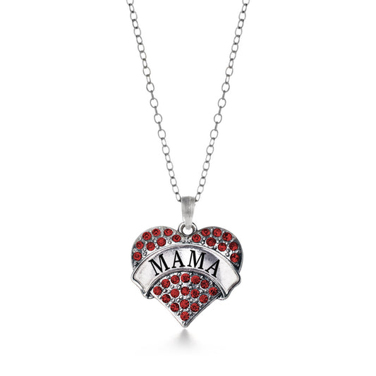 Silver Mama Red Pave Heart Charm Classic Necklace