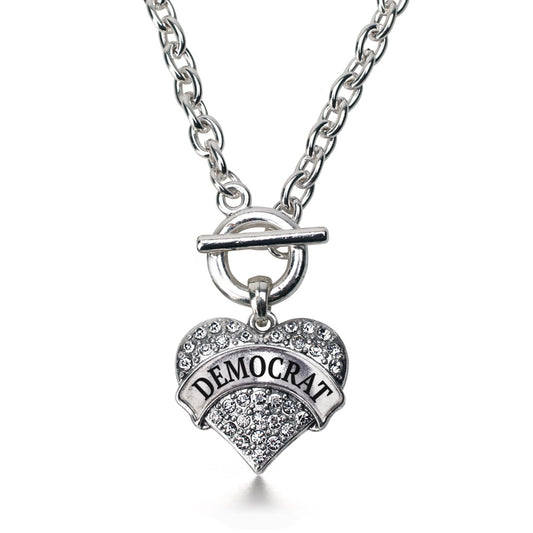 Silver Democrat Pave Heart Charm Toggle Necklace
