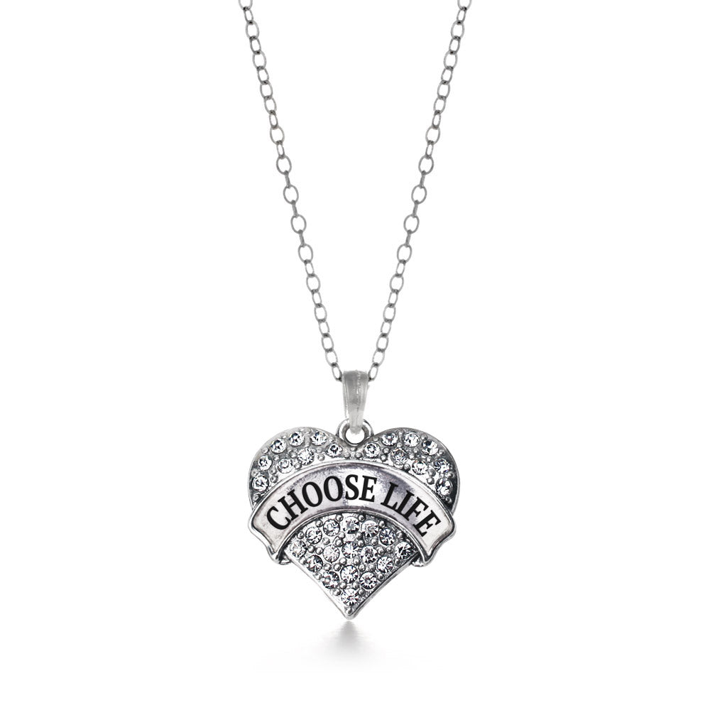 Silver Choose Life Pave Heart Charm Classic Necklace
